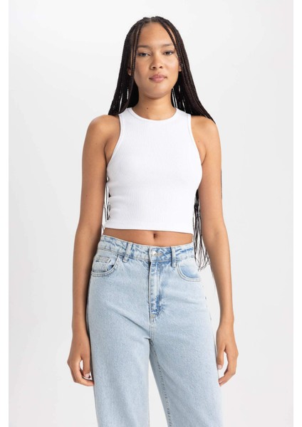 Kadın Beyaz Fitted Halter Yaka Düz Basic Pamuklu Atlet B0658AXNS