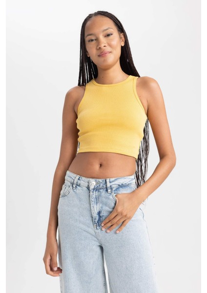 Kadın Sarı Fitted Halter Yaka Düz Basic Pamuklu Atlet B0658AXNS
