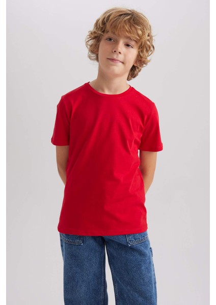 Erkek Çocuk Kırmızı Regular Fit Düz Kesim Bisiklet Yaka Basic Düz %100 Pamuk Kısa Kollu Tişört B0667A8NS