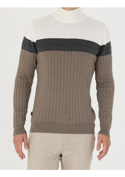 Erkek Vizon Melanj Slim Fit Balıkçı Yaka Triko Kazak 50279430-VR174