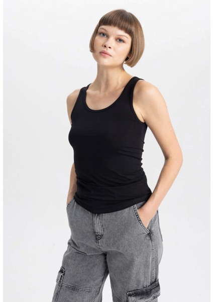 Kadın Siyah Slim Fit Dar Kesim Bisiklet Yaka Düz Basic %100 Pamuk Atlet B0652AXNS