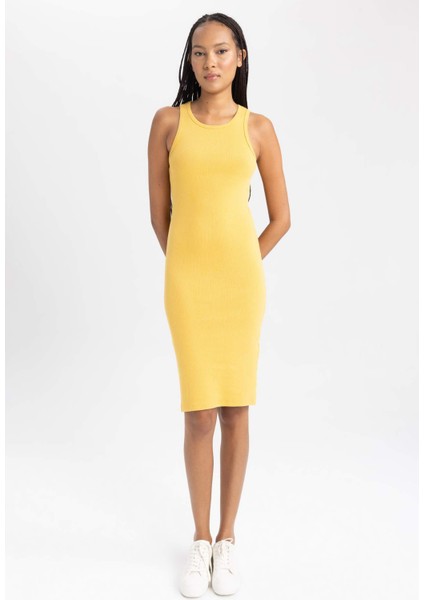 Kadın Sarı Bodycon Dress Vücudu Saran Halter Yaka Düz Basic Pamuklu Ribana Kolsuz Midi Elbise B0657AXNS
