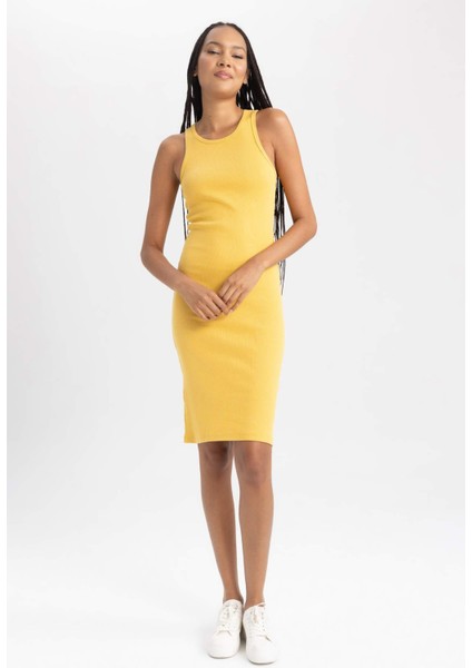 Kadın Sarı Bodycon Dress Vücudu Saran Halter Yaka Düz Basic Pamuklu Ribana Kolsuz Midi Elbise B0657AXNS