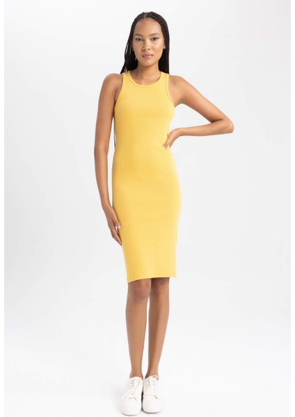 Kadın Sarı Bodycon Dress Vücudu Saran Halter Yaka Düz Basic Pamuklu Ribana Kolsuz Midi Elbise B0657AXNS