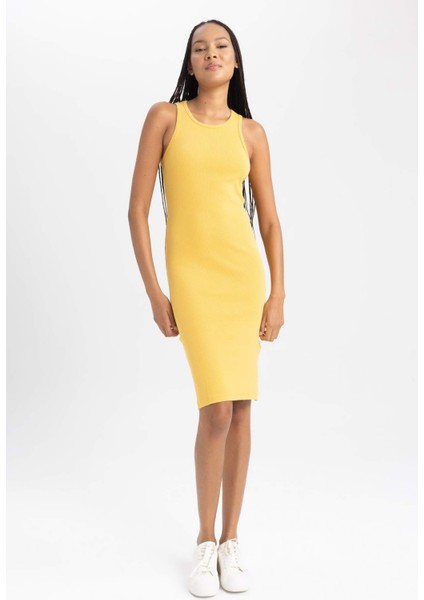 Kadın Sarı Bodycon Dress Vücudu Saran Halter Yaka Düz Basic Pamuklu Ribana Kolsuz Midi Elbise B0657AXNS