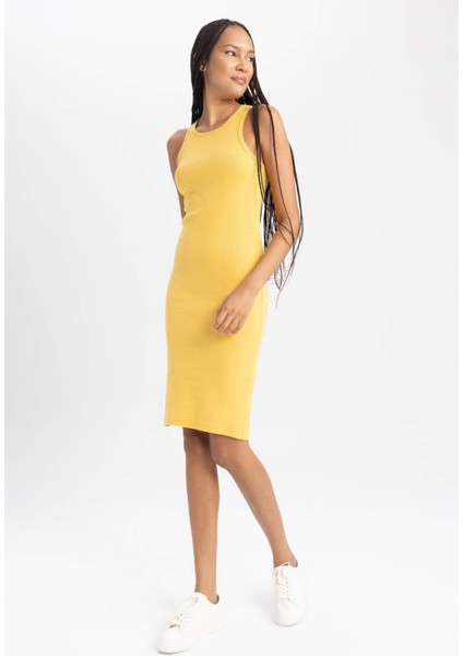 Kadın Sarı Bodycon Dress Vücudu Saran Halter Yaka Düz Basic Pamuklu Ribana Kolsuz Midi Elbise B0657AXNS