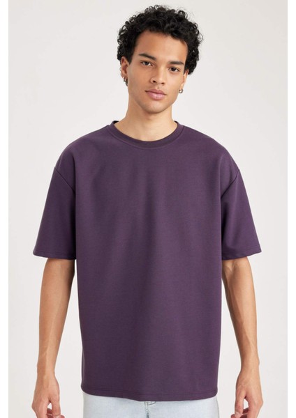 Oversize Geniş Kalıp Bisiklet Yaka Kısa Kollu Basic Düz Ağır Kumaş Tişört X3926AZ23AU