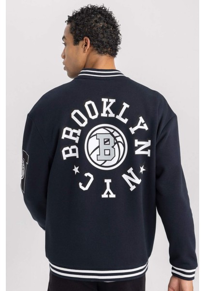Fit Oversize Geniş KAlıp Kolej Yaka Baskılı Çıtçıt Kapamalı Cepli Bomber Hırka B3887AX24SP