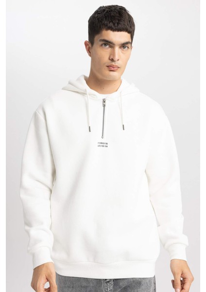 Oversize Geniş Kalıp Yarım Fermuarlı Baskılı Kapüşonlu Sweatshirt B4847AX24SP