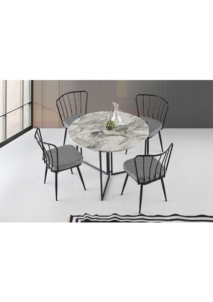 Çiçek Masa ve Ay Sandalye Takımı, Beyaz Mermer Siyah, 100 x 100