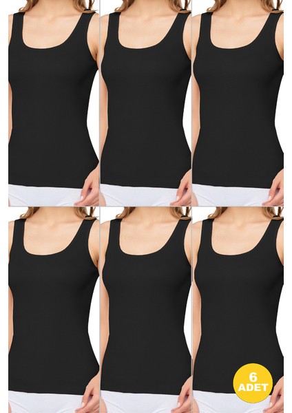 Kadın Ribana Geniş Askılı Pamuklu Likralı Detaylı Atlet 6'lı Paket