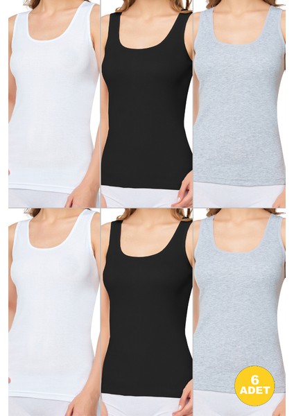 Kadın Ribana Geniş Askılı Pamuklu Likralı Detaylı Atlet 6'lı Paket