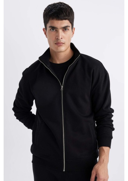 Comfort Regular Fit Rahat Kalıp Dik Yaka Cepli Basic Düz Fermuarlı Sweatshirt A5276AX24SP