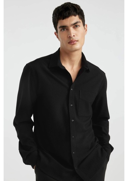 Regular Fit Polo Yaka Krinkıl Basic Düz Uzun Kollu Gömlek B6484AX24SP
