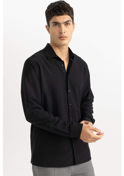 Modern Fit Polo Yaka Basic Düz Krinkıl Uzun Kollu Siyah Gömlek B7384AX24SP