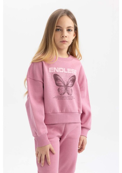 Kız Çocuk Relax Fit Bisiklet Yaka Baskılı Kalın Sweatshirt B4675A823WN