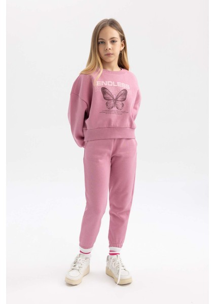Kız Çocuk Relax Fit Bisiklet Yaka Baskılı Kalın Sweatshirt B4675A823WN fiyatları