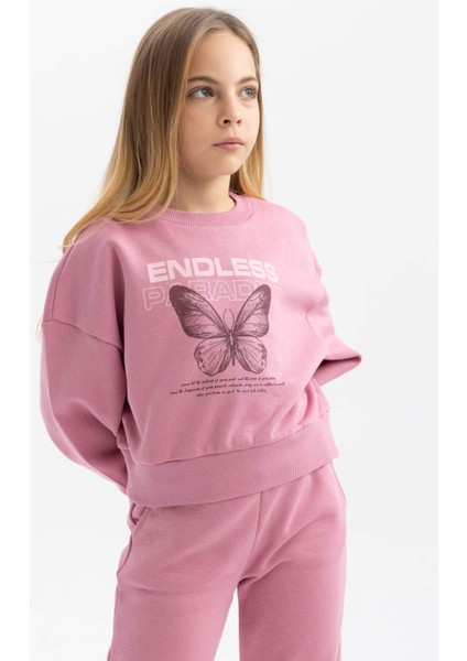 Kız Çocuk Relax Fit Bisiklet Yaka Baskılı Kalın Sweatshirt B4675A823WN modelleri