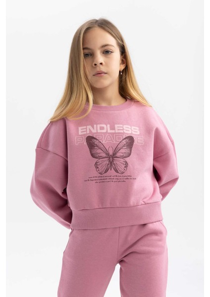 Kız Çocuk Relax Fit Bisiklet Yaka Baskılı Kalın Sweatshirt B4675A823WN fırsatları