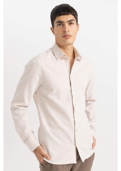 Slim Fit Dar Kesim Polo Yaka Petek Dokulu Uzun Kollu Gömlek B6476AX24SP