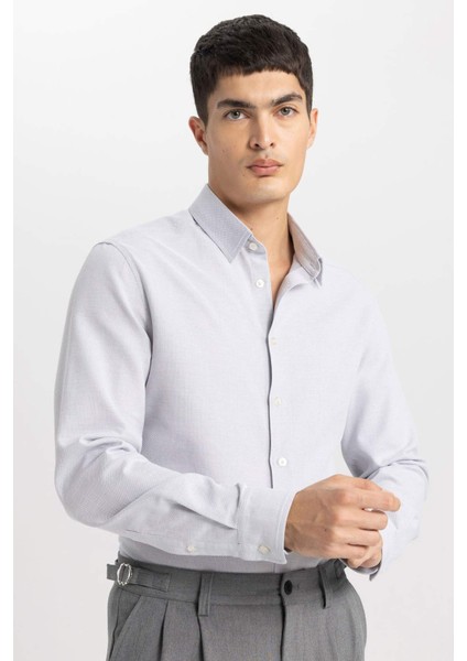 Slim Fit Dar Kesim Polo Yaka Petek Dokulu Uzun Kollu Gömlek B6476AX24SP