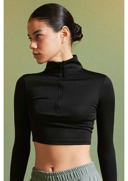 Fit Slim Fit Dar Kesim Dik Yaka Fermuarlı Crop Uzun Kollu Tişört W0343AZ24SP