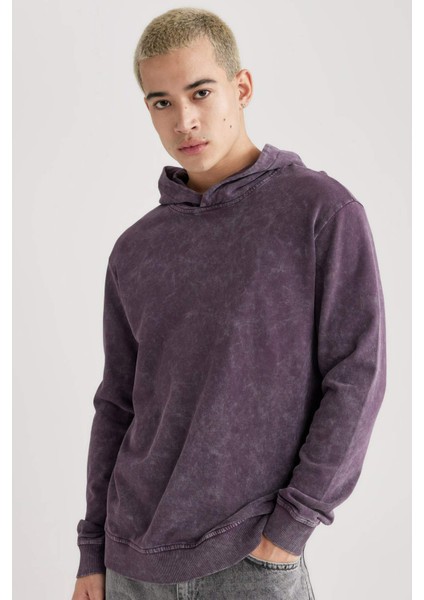 Regular Fit Kapüşonlu Yıkamalı Soluk Efektli Basic Düz Sweatshirt B9220AX23WN