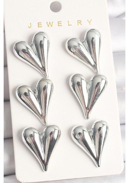 Gümüş Renk 3'lü Kalp Model Ccb Plasik Kadın Küpe Seti