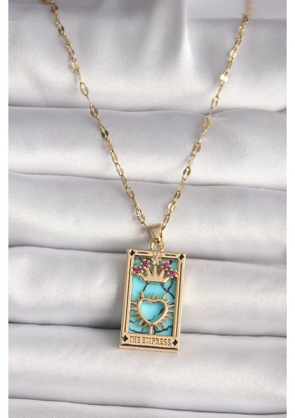 316L Gold Renk Pembe Zirkon Taşlı Taç Kalp Portre Model Kadın Kolye