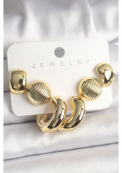 Gold Renk Işlemeli Daire Halka Model Ccb Kadın Küpe Seti