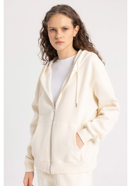Relax Fit Kapüşonlu Cepli Basic Düz Fermuarlı Sweatshirt C1809AX23WN
