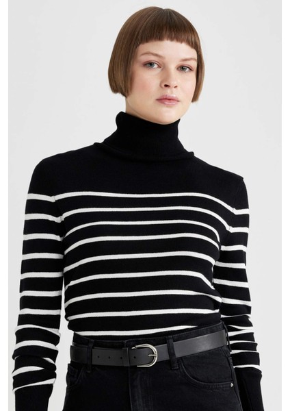 Regular Fit Çizgili Balıkçı Yaka Triko Kazak C1650AX23WN