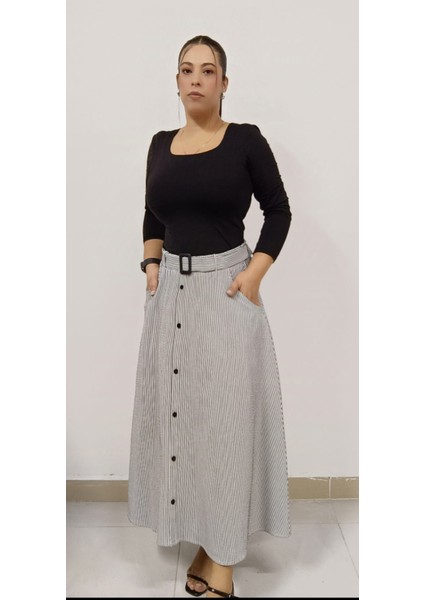 Büyük Beden Pamuklu Keten Çizgili Düğme Modelli Kemerli Kloş Midi Etek modelleri
