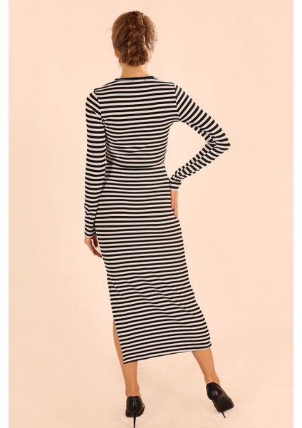 8153 Çizgili Etek Bluz Takım Beyaz-Siyah indirimleri