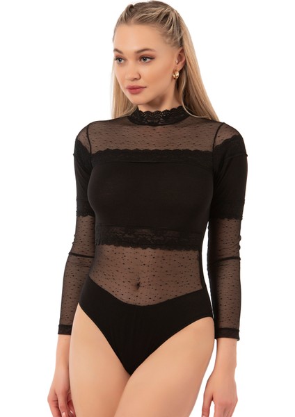 Özkan 25254 Kadın Pamuklu Uzun Kollu Tül Detaylı Örme Çıtçıtlı Body