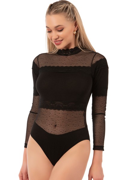 Özkan 25254 Kadın Pamuklu Uzun Kollu Tül Detaylı Örme Çıtçıtlı Body