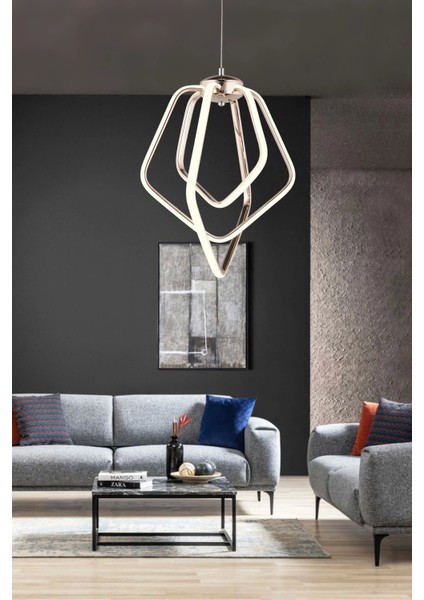 Modern Üçlü Dorbıen Üç Renkli Gold Sarkıt Ledli Salon Avize ve Oturma Odası Ledli Avize