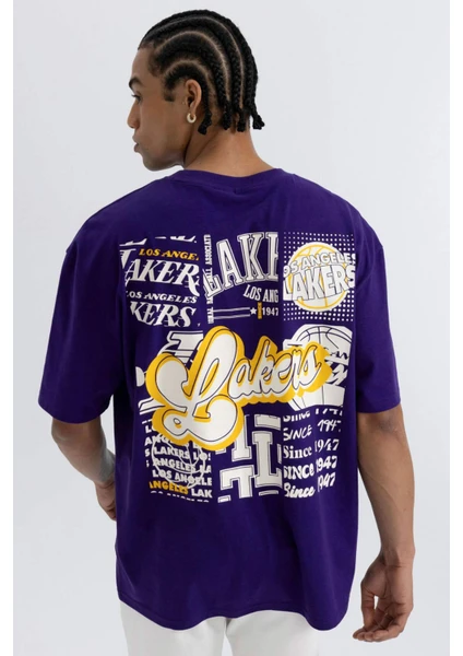 DeFactoFit NBA Los Angeles Lakers Oversize Geniş Kalıp Bisiklet Yaka Kısa Kollu Tişört A1998AX24SM