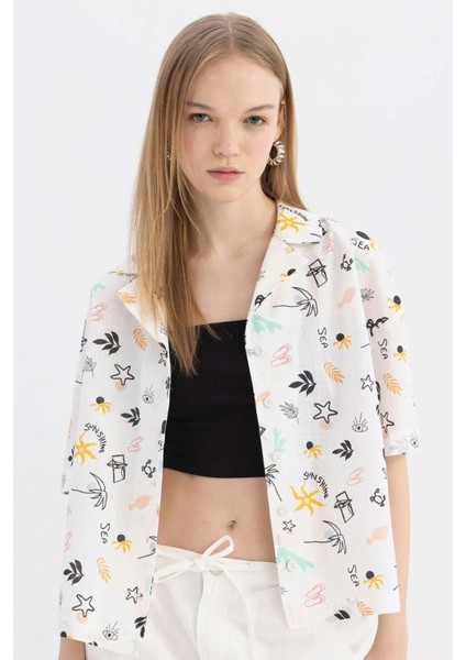 Coool Oversize Pijama Yaka Desenli Kısa Kollu %100 Pamuk Gömlek A6863AX24SM