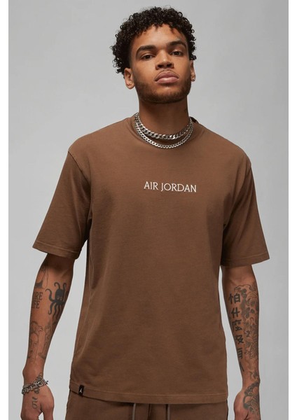 Air Jordan Jumpman Wordmark Unisex Brown Tee Air Jordan Nakış Logolu Pamuk Tişört Kahverengi
