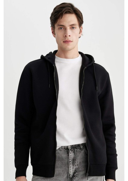 New Regular Fit Kapüşonlu Basic Düz Fermuarlı Sşyah Sweatshirt C4806AX23WN