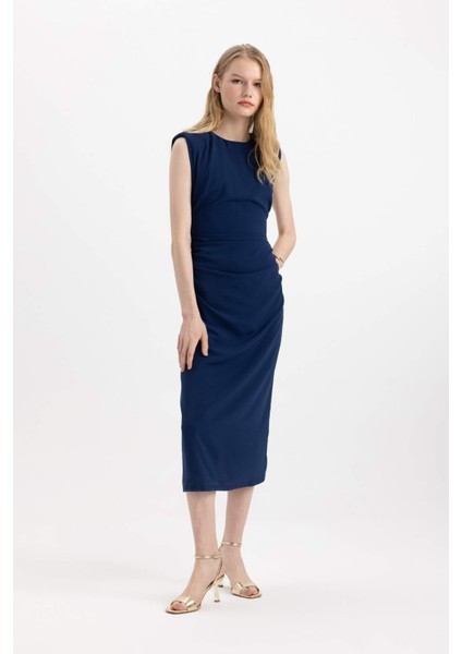 Bodycon Vücudu Saran Yuvarlak Yaka Aerobin Kolsuz Midi Abiye Elbise C4310AX24SP