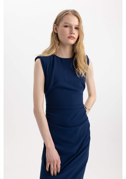 Bodycon Vücudu Saran Yuvarlak Yaka Aerobin Kolsuz Midi Abiye Elbise C4310AX24SP