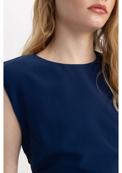 Bodycon Vücudu Saran Yuvarlak Yaka Aerobin Kolsuz Midi Abiye Elbise C4310AX24SP