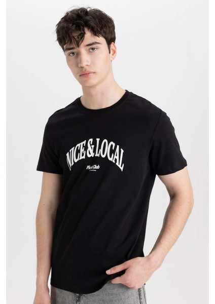 Slim Fit Dar Kesim Bisiklet Yaka Baskılı Kısa Kollu Tişört B8476AX24SM