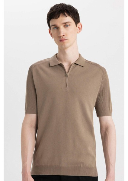 Slim Fit Dar Kesim Polo Yaka Kısa Kollu Basic Düz Fermuarlı Triko Tişört C4917AX24SM