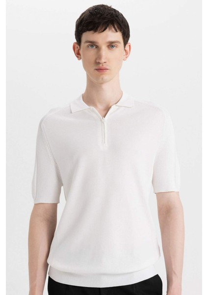 Slim Fit Dar Kesim Polo Yaka Kısa Kollu Basic Düz Fermuarlı Triko Tişört C4917AX24SM