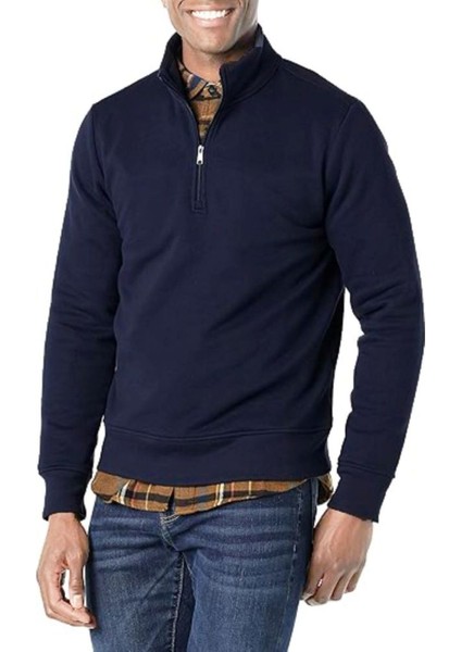 Erkek Yarım Fermuarlı Uzun Kollu Lacivert Polar Sweatshirt