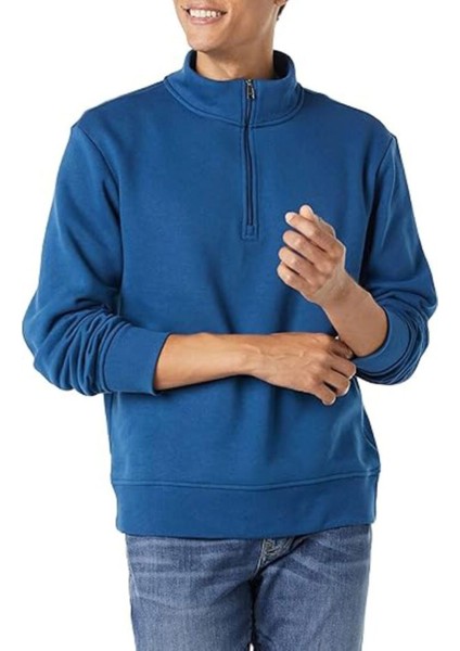 Erkek Yarım Fermuarlı Uzun Kollu Indigo Mavi Polar Sweatshirt