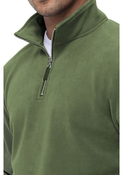 Erkek Yarım Fermuarlı Uzun Kollu Haki Yeşili Polar Sweatshirt